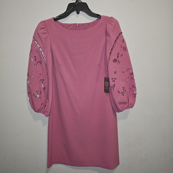 NWT Vince Camuto Pink Embroidered Puff Sleeve Shift Dress Size 4 NWT - Picture 2 of 13